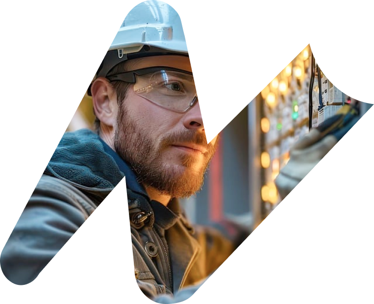 homem branco 40 anos de barba, capacete e oculos de proteção ele é um técnico eletricista realizando medições em um painel elétrico com o uso de multimetro.